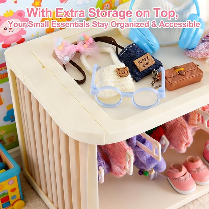 Foldable Doll Clothing Closet for Lububu - Double Sliding Door Stackable Storage Box for 4-7 Inch Doll Clothes, Premium Doll Clothes Organizer with 10 Hangers & 1 Hanging Rod (Gray)