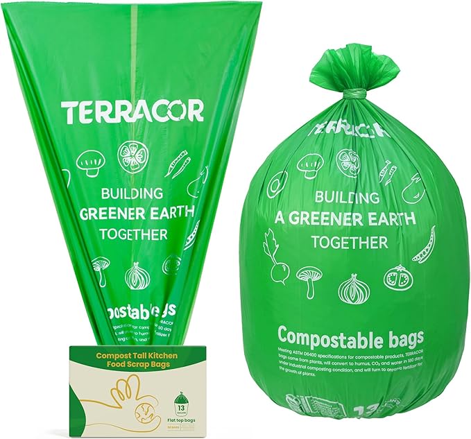 TERRACOR 13 Gallon Compostable Trash Bags,50 Count, Heavy Duty Tall Kitchen Food Scrap Waste Bag,Certified BPI and ASTM D6400 Standard