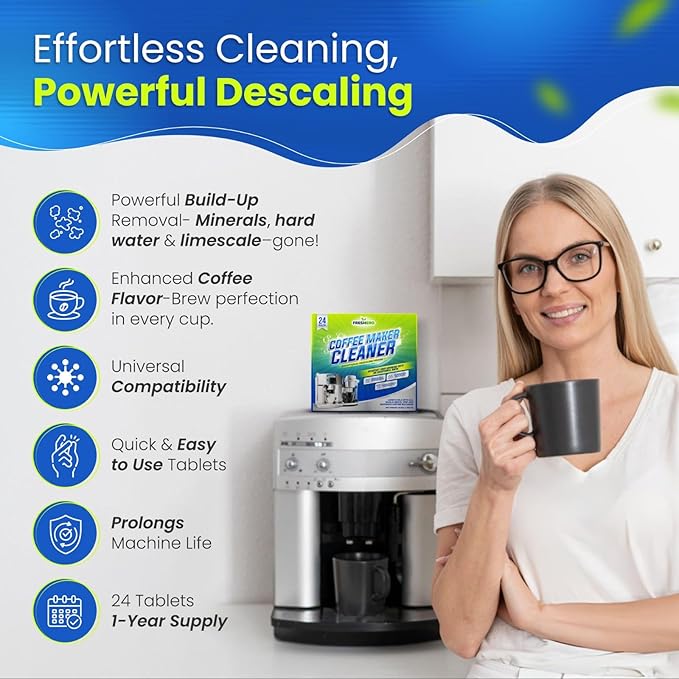 Coffee Maker Cleaner and descaler Tablets – 24 Pack, Compatible with Nespresso, Keurig, Breville, Ninja, Delonghi & more, Coffee pot cleaner tabs, Coffee Machine Descaling solution for upto 1 year