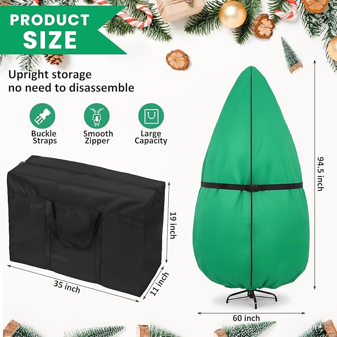 Upright Christmas Tree Bag 7.5 ft /8 ft Christmas Tree Covers for Upright Storage with Zipper & Adjustable Straps with Xmas Ornament Storage Bag Green(medium)