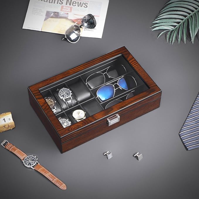 BEWISHOME 6-Slot Watch Box, 3 Mens Jewelry Box, Watch Box Organizer for Men Watch Case with Glass Lid Watch Travel Case Removable Watch Pillows, Watch Display Case, Watch Storage Brown SSH15Y