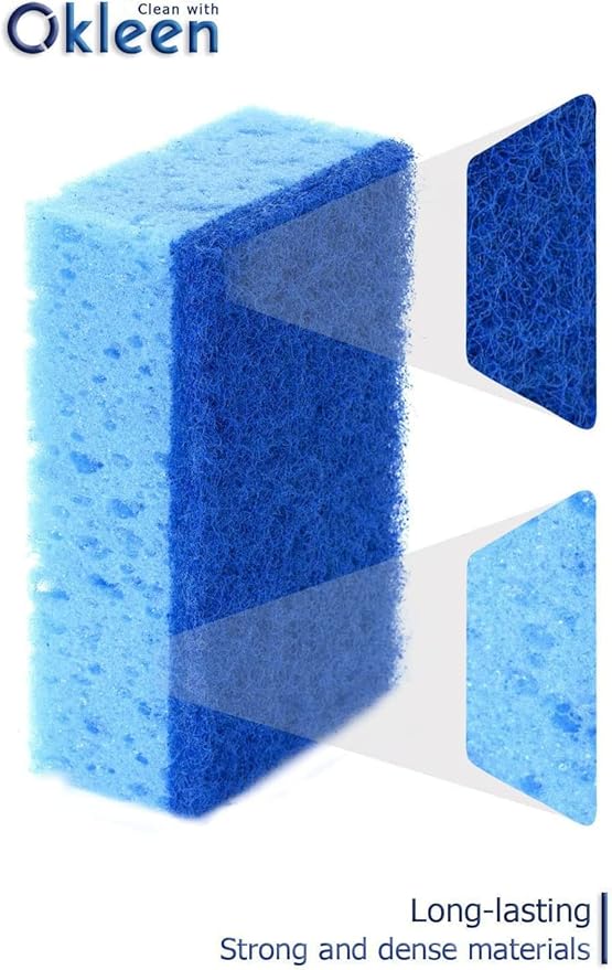 Okleen Blue Multi Use Scrub Sponge. Made in Europe. 18 Pack, 4.3x2.8x1.4 inches. Heavy Duty and Non Scratch Fiber. Odorless, Durable. Delicate Scouring Surface