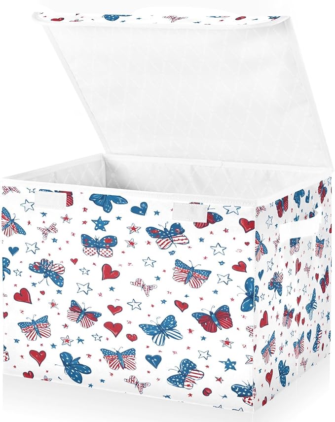 Bolaz Storage Bins with Lids and Handles,Butterfly Flag Stars Pattern Storage Box Basket with Cover Collapsible Organizer Containers for Home Closet, Shelves
