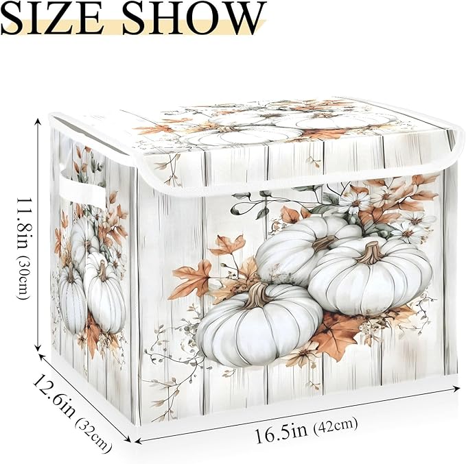 Bolaz Storage Bins with Lids and Handles,White Pumpkin Wood Storage Box Basket with Cover Collapsible Organizer Containers for Home Closet, Shelves