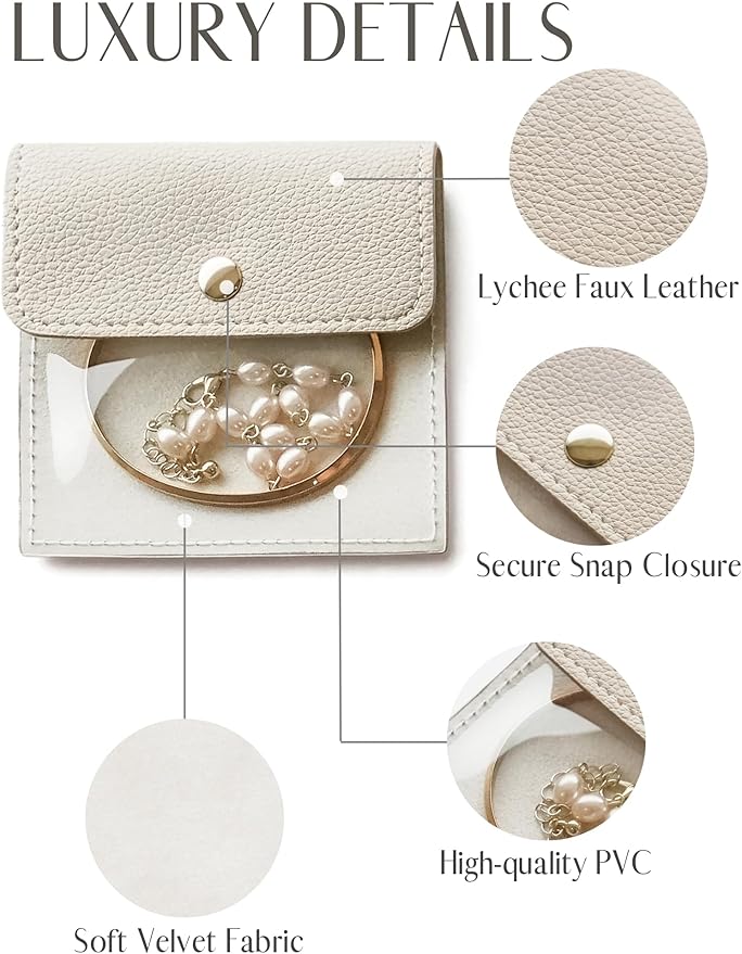 Popvibe 6 Pcs Jewelry Bags Clear Mini Pouch Small Jewelry Pouches for Traveling Leather Portable Travel Jewelry Organizer and Storage Bag for Earrings, Necklace, Beige