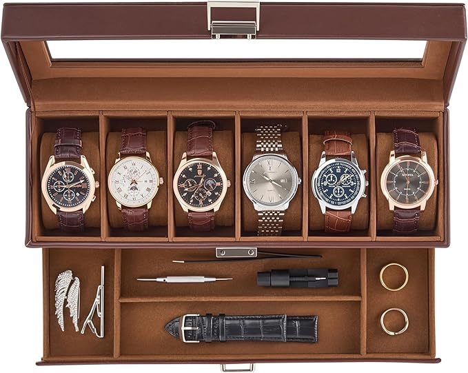 ProCase Watch Case, 6 Slot Mens Watch Box Holder Organizer with Glass Lid, 2-Layer Watches Display Case, Mens Jewelry Box with Drawer, Birthday Valentine Gifts for Men Women -6 Slot, Espresso