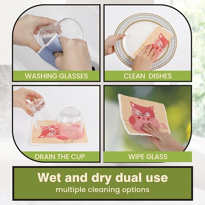 Yelasenari Swedish Dishcloths for Kitchen Reusable 6 Pack Kitchen Towels No Odor Quick-Drying Reusable Paper Towels Reusable Paper Towels Washable for Countertop, Sink, and Kitchen cat