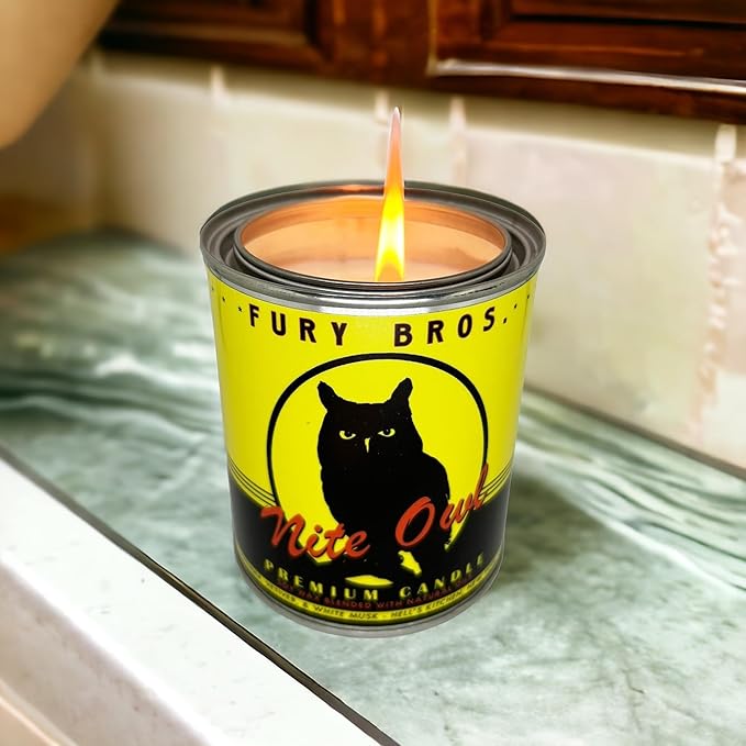 Fury Bros. Scented Candles for Men | Nite Owl | Lavender Vetiver White Musk | Natural Soy Wax | Hand-Poured in The USA | Long 70-80 Hour Burn (12.5 oz) | Vintage-Inspired Tin Design | Dad Home Gift