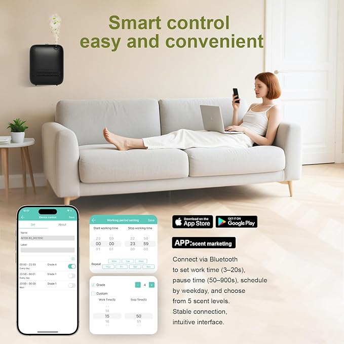 Waterless Diffuser,Wireless Essential Oil Battery Operated,2000 Sq Ft,Safety Lock,Quiet,Bluetooth App,Hotel Home Collection Scent Machine - Black