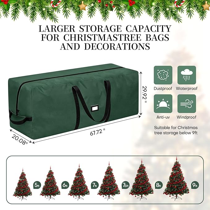 Christmas Tree Storage Bag - Fits Up to 9 Ft Large Artificial Christmas Tree, Heavy Duty 600D Oxford Cloth Xmas Tree Container with Handles & Zipper - Green