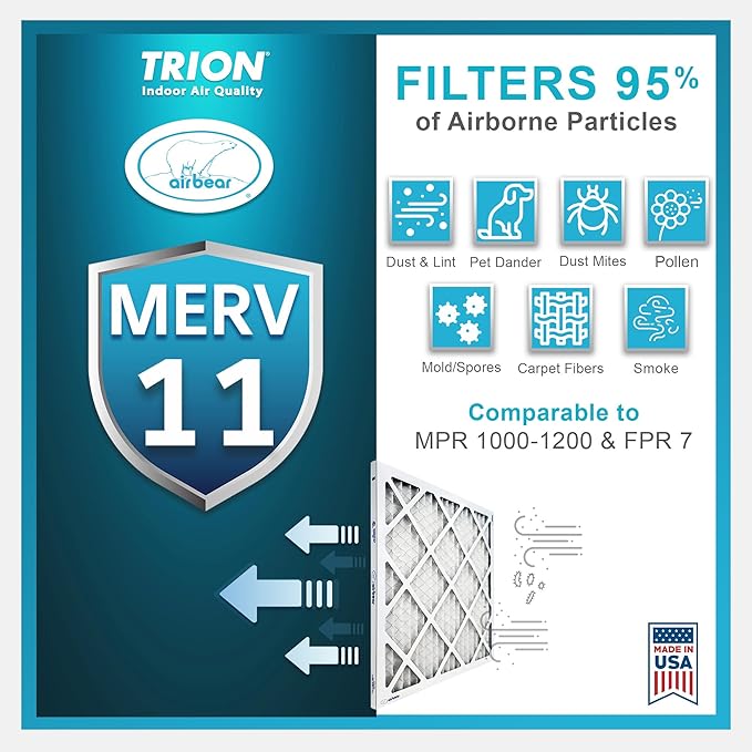 16x25x3 TRION Air Bear Cub Pleated HVAC Air Filter MERV 11 (2-Pack) (Actual Size: 15.75 x 24.75 x 3.06 Inches)