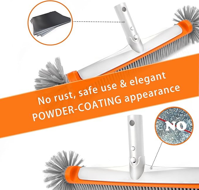 Poolvio Professional 17.5" Floor & Wall Pool Cleaning Brush with Tough Around Nylon Bristles, EZ Clip Aluminum Handle- Easily Sweep from Walls, Floors, Steps (Orange)
