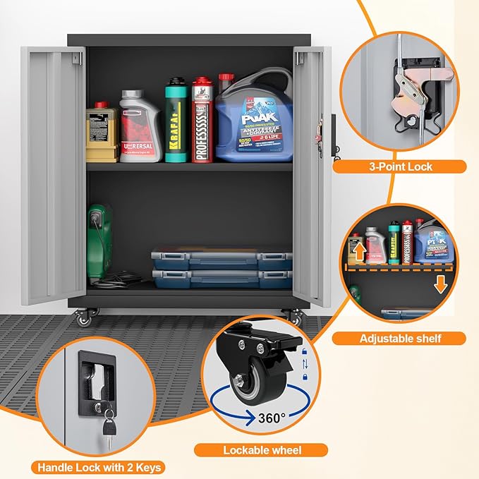 31.5''H Metal Storage Cabinet with Wheels, Garage Tool Storage Cabinets with Lock, Lockable Steel Rolling Tool Chest with Doors & Adjustable Shelves for Garage, Home, Office