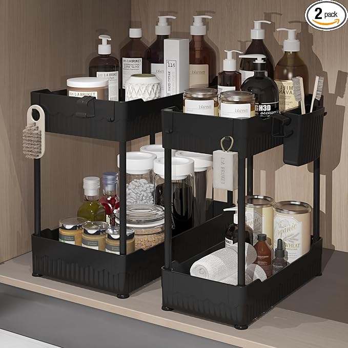Sevenblue 2 Pack Under Sink Organizer, Under Bathroom Cabinet Organizer with Hooks Hanging Cup, Multi-Purpose Storage Shelf for Kitchen Bathroom (Black, XL)