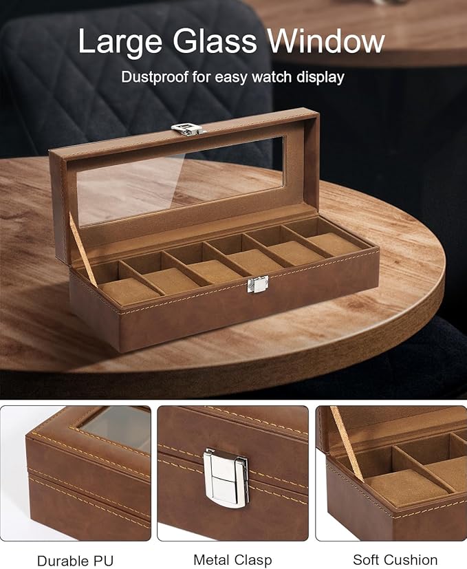 Uten 6 Slots Watch Box, PU Leather Watch Case with Glass Lid, Watch Holder Organizer with Soft Pillow and Velvet Lining, Watch and Jewelry Storage Box, Brown