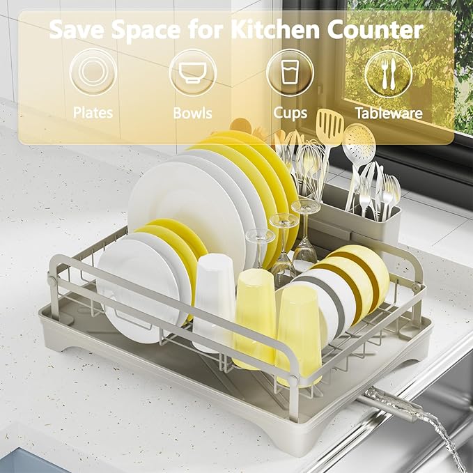 LIYI Dish Rack - Dish Racks for Kitchen Counter, Kitchen Dish Drying Rack Kitchen with Removable Utensil Holder and Drainboard, 16.5" D x 11.6" W x 6.6" H, Grey
