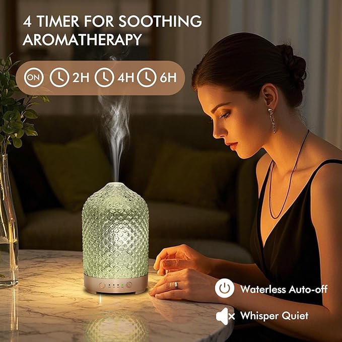 Glass Essential Oil Diffuser 200ml-Ultrasonic Aroma Diffuser with Glass Dome, Aromatherapy Diffuser with 4 Timers 7 Color LED Lights Auto Shut-Off Protection for Home Office Yoga Gift
