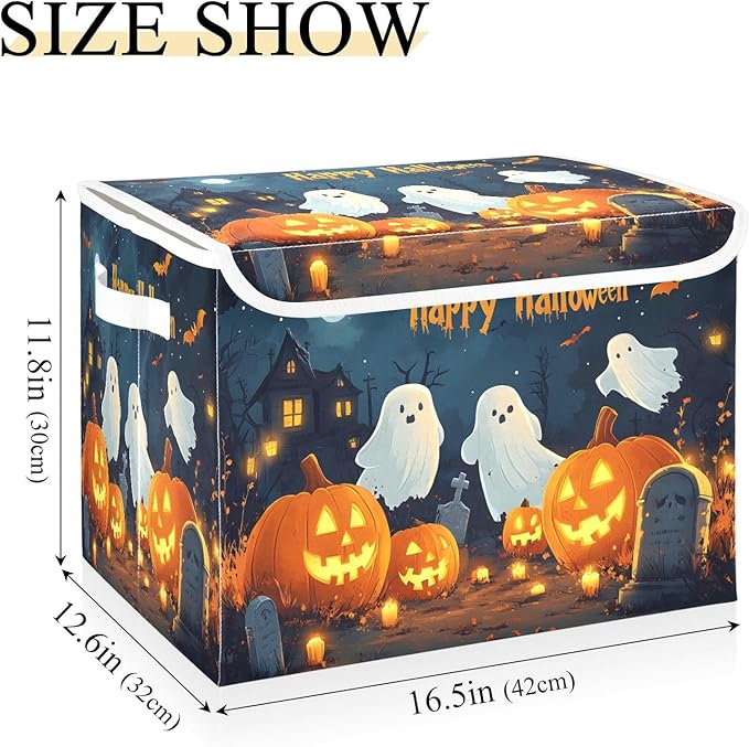 Bolaz Storage Bins with Lids and Handles,Halloween Background with Pumpkins Ghosts and Cemetary Storage Box Storage Basket with Cover Collapsible Organizer Containers for Home Closet, Shelves