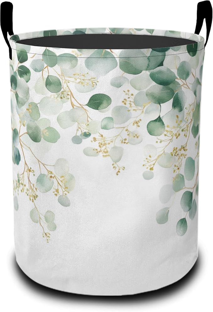 Laundry Basket,Vintage Eucalyptus Leaves Large Canvas Fabric Lightweight Storage Hamper Organizer Dirty Clothes Collapsible Waterproof for College Dorms,Bathroom