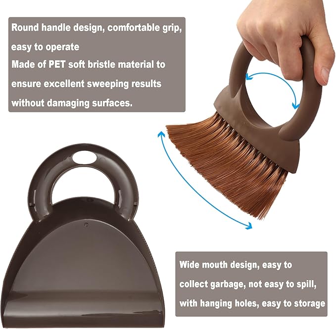 Round Handle Brush and Dustpan Set Small Broom & Dustpan Portable Handheld Sweeper for Desktop Sofa Floor Pet Nest (Coffee)