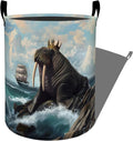 Regal Walrus with Crown by the Sea Laundry Basket with Handles, 19.7"x15.7" Clothes Foldable Laundry Hamper Organizer for Dorm Nursery Bedroom Bathroom Decor, Toy Storage Bin for Kids