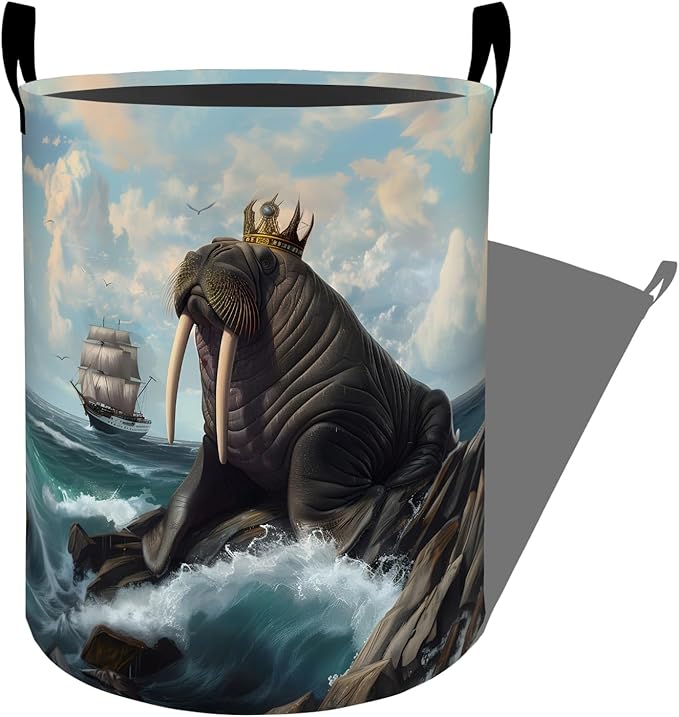 Regal Walrus with Crown by the Sea Laundry Basket with Handles, 19.7"x15.7" Clothes Foldable Laundry Hamper Organizer for Dorm Nursery Bedroom Bathroom Decor, Toy Storage Bin for Kids