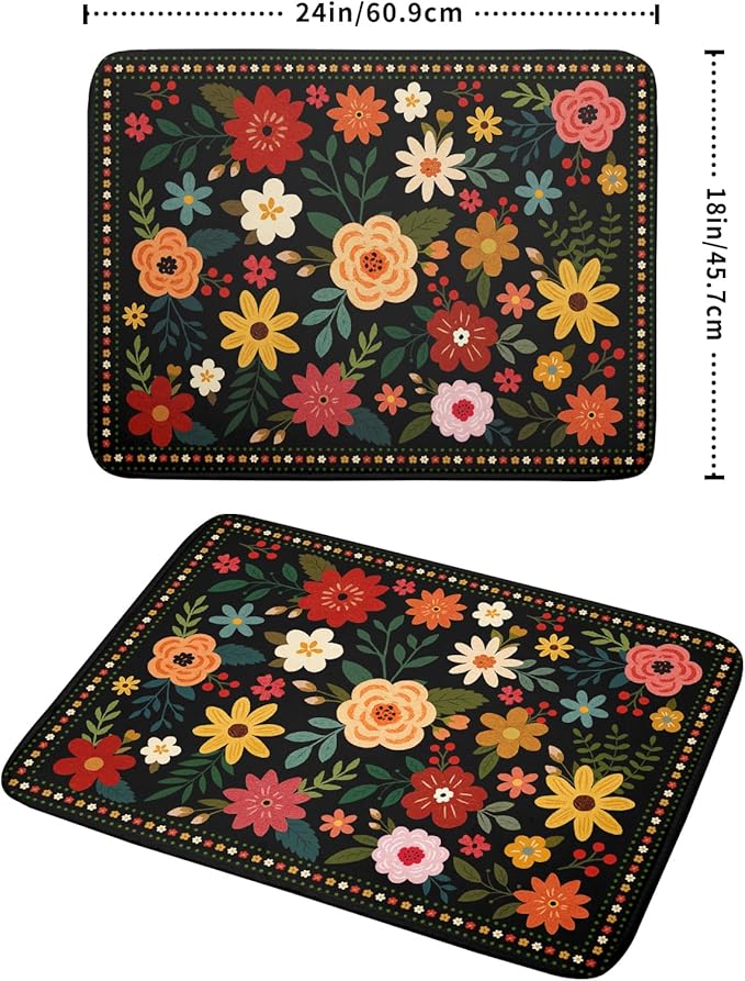 Boho Floral Dish Drying Mat 18x24 Inch Colorful Flower Dishes Dry Mats Absorbent Washable Drainer Rack Pad Protective Kitchen Counter Decor