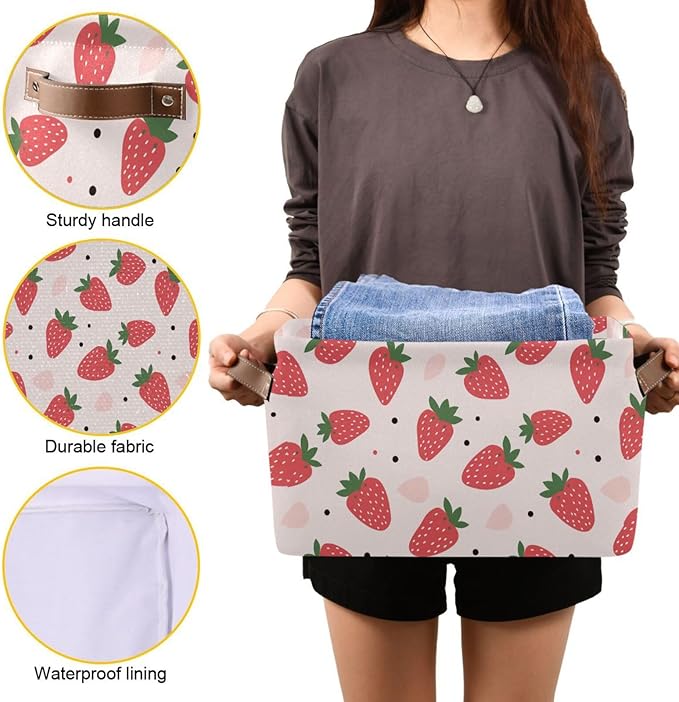 ALAZA Strawberry Polka Dots Foldable Storage Box Storage Basket Organizer Bins with Handles for Shelf Closet Living Room Bedroom Home Office 2 Pack