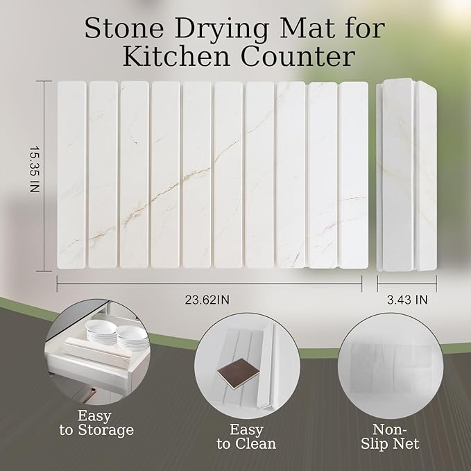 Hopegiver Stone Drying Mat for Kitchen Counter, 24"x16" Golden Marble Pattern Quick Dry Dish Drying Mat, Absorbent Diatomaceous Earth Mat for Countertop Sink Kitchen Bathroom, with Sanding Block