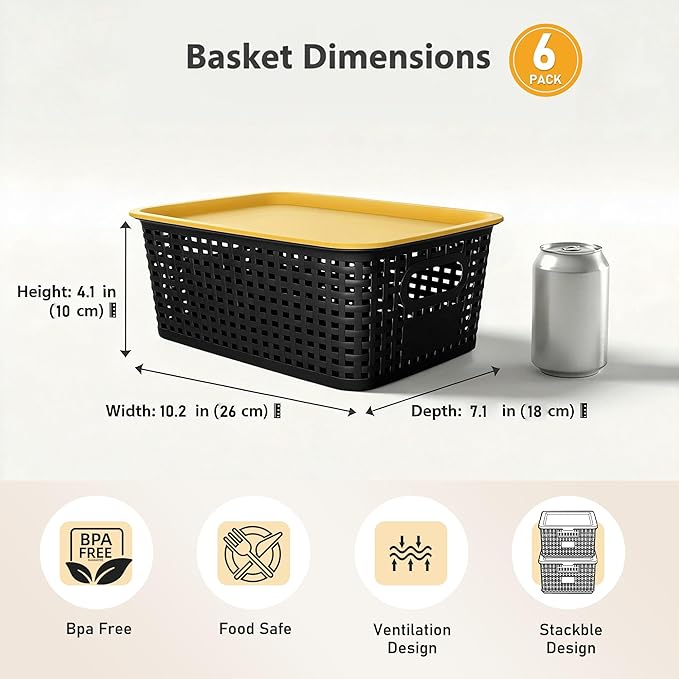 AREYZIN Small Plastic Storage Bins with Lids, 6-Pack Stackable Pantry Organizers and Storage Containers for Shelves, Closet Organization, Drawer Organizer Bins, Black & yellow lids