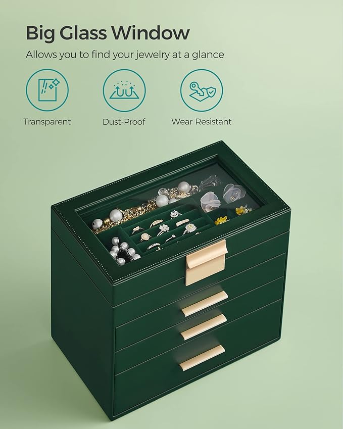 SONGMICS Jewelry Box Organizer with Glass Lid, 4-Layer Jewelry Storage, with 3 Drawers, Modern Style, 6 x 9.9 x 8.5 Inches, Forest Green and Gold Color UJBC161G01