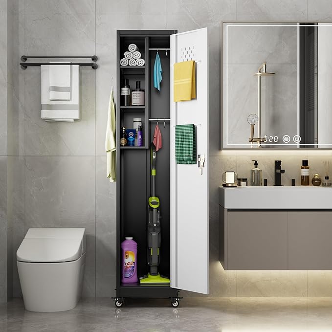 Aobabo Metal Broom Closet Storage Cabinet with Wheels, 72'' Tall Steel Cleaning Tool Cabinet for Garage with Pegboards and Hooks,Black and Grey,Assembly Required