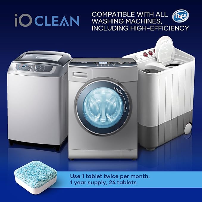iO CLEAN Washing Machine Cleaner Descaler Tablets, 24 Count (1 Year Supply) – Deep Clean Washer Cleaner Tablets for HE Front Load & Top Load – Unscented Washing Machine Descaler for Odor Control