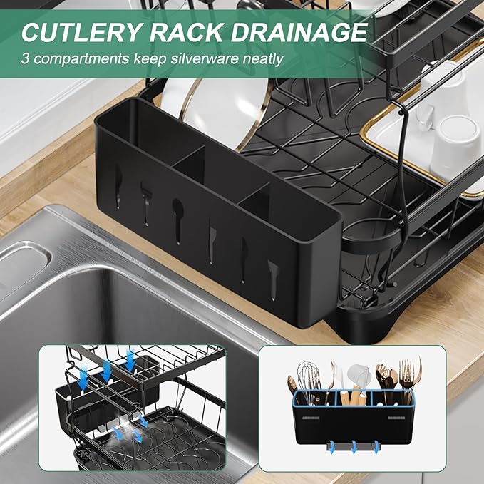 HOMEAILIE Dish Drying Rack, 2-Tier Large Dish Drying Rack for Kitchen Counter – Space Saving Dish Drainer Organizer with Utensil Holder and Cutlery Tray, Black