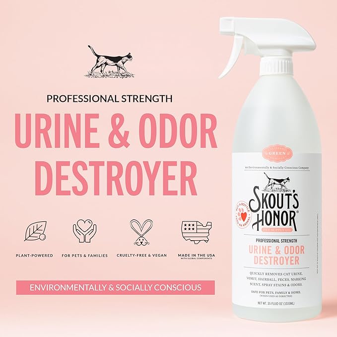 Skout's Honor Cat Urine & Odor Destroyer - Professional Strength, Plant-Powered, Cruelty-Free Urine Eliminator for Carpets and Indoor Living Spaces, 35 oz.