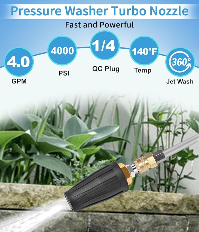 Pressure Washer Tips Turbo Nozzle, Turbo Nozzle Pressure Washer 4000 PSI, 360° Rotating Pressure Washer Turbo Nozzle With 1/4 Inch Quick Connector for Cleaning Brick, Concrete, Vinyl Surfaces(4.0 GPM)