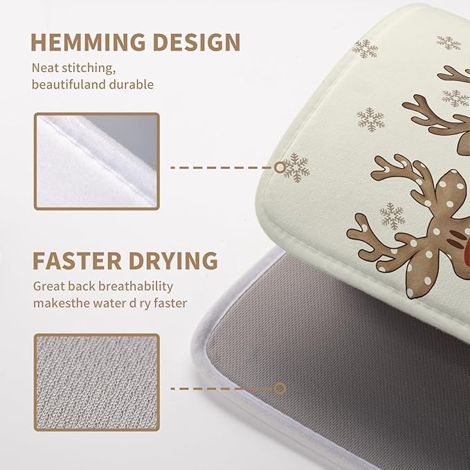 Wnoesat Christmas Reindeer Snowflakes Dish Drying Mat for Kitchen Counter 16x18 Inch Winter Xmas Holiday Drying Pads Microfiber Absorbent Dish Draining Mat Large Dish Drainer Rack Mat