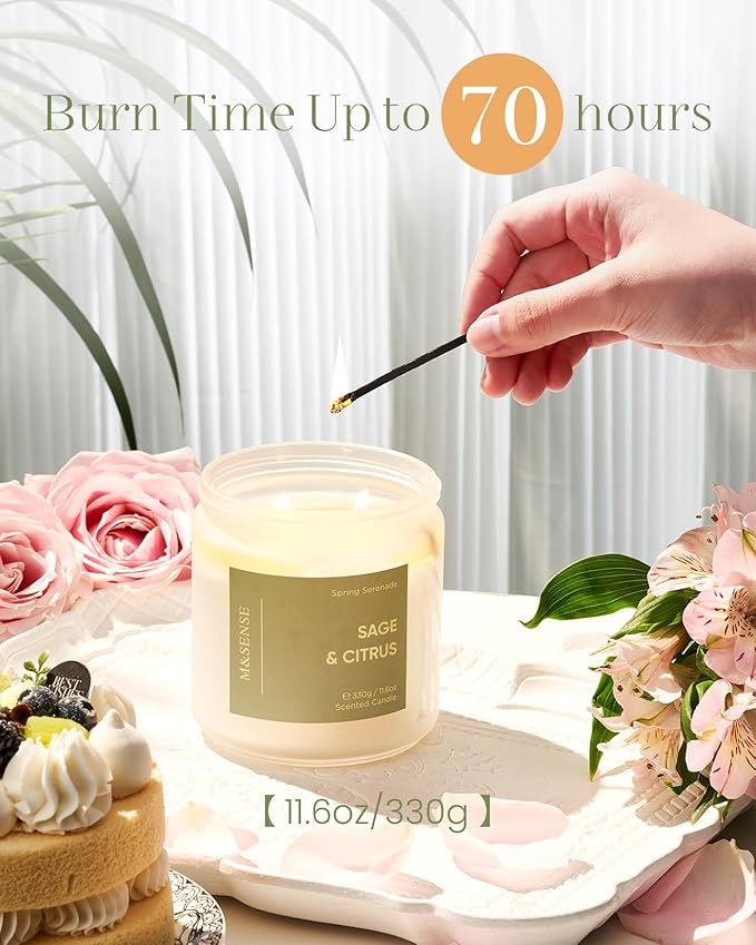 M&SENSE Sage Citrus Scented Candle, 70 Hour Burn Time 2 Wick 11.6oz Natural Soy Non Toxic Aromatherapy Candle for Home Decor Birthday Gifts Easter Supplies