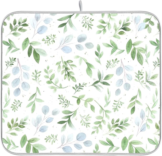 Green Eucalyptus Leaves Dish Drying Mat for Kitchen Countertop 16x18 Rectangle Small Drying Mat Reusable Quick Dry Dish Sink Absorbent Mats Dishwasher Easy Clean Decorative Home Decor Essentials