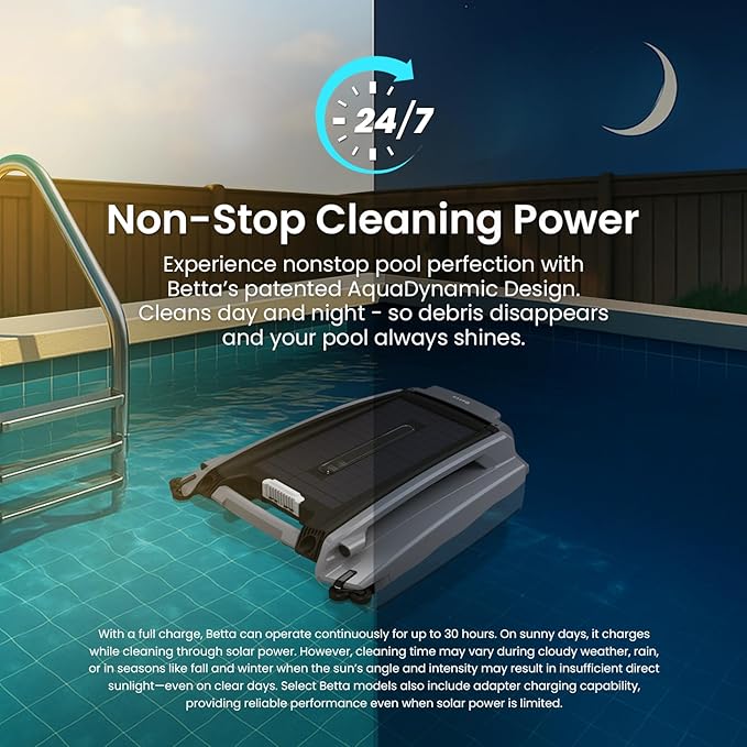 Betta SE Plus - Solar-Powered Robotic Pool Skimmer with 24/7 Continuous Cleaning Power, Dual Charging Options, Twin Salt Chlorine Tolerant Motors, and Shallow Water Safeguard