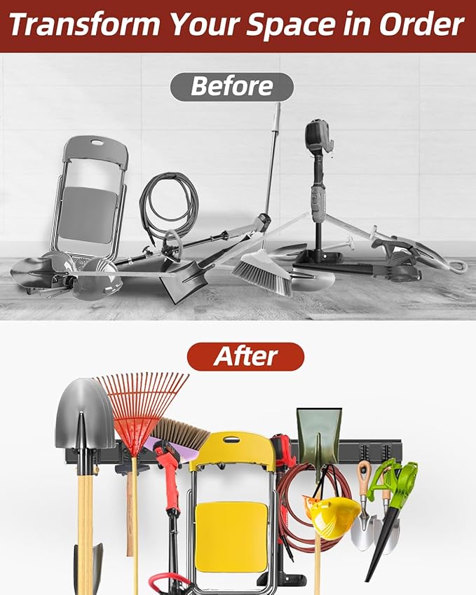 48-Inch Garage Storage Tool Organizer with 8 Hooks - Heavy Duty Metal Rack for Garage Organization, Garden Tool Organizer - Wall Mounted Tool Hanger for Shovels, Ladders, Lawn Tools