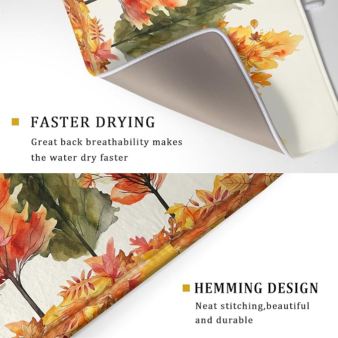 Fall Maple Leaves Dish Drying Mat for Kitchen Counter 24x18 Inch Watercolor Autumn Drying Mat with Absorbent Reversible Microfiber Orange Dish Drainer Mats Rack Pad for Coffee Countertop Protector