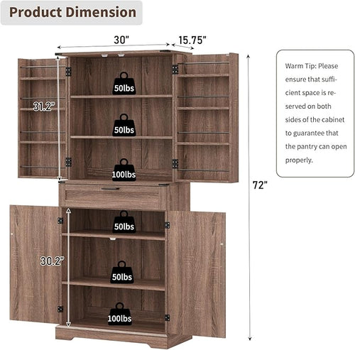 72'' Kitchen Storage Pantry Cabinet, Tall Storage Cabinet with 8 Door Shelves, 2 Cabinets and 1 Drawer, Freestanding Cupboard for Kitchen, Dining Room, Bathroom, Laundry, Living Room, Espresso