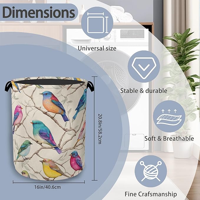 Colorful Bird Laundry Basket,Branches Foldable Oxford Cloth Tote Bag Laundry Hamper Clothes Storage Bucket Organizer for Bedroom Laundry Storage Dormitories 16" x 20.8"