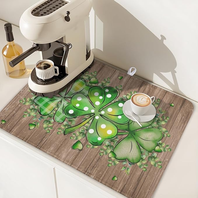 Wnoesat St Patricks Day Wooden Plank Texture Shamrock Dish Drying Mat St Patrick Eucalyptus Leaves Clover Dish Drying Pad for Kitchen Counter Absorbent Microfiber Dishes Drainer Rack Mats 18x24 Inch