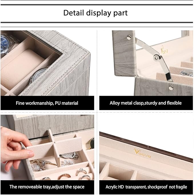 Voova Watch Jewelry Box Organizer for Men Women,12 Slot Leather Watch Storage Case Display Holder with Jewelry Drawer, Removable Watch Pillows, Large Glass Lid for Watches, Sunglasses,Rings,Wood Grey