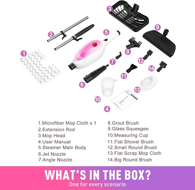 Steam Mop, Detachable Handheld Steam Cleaner with 10-in-1 Multipurpose Accessories, Two-sided Mop, Double Cleaning Area, Multi Surfaces Steamer for Wood Floor, Tile, Window, Clothes, Furniture & Grout