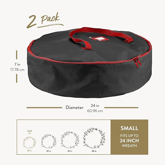 ZOBER 2 Pack Oxford Christmas Wreath Storage Container 24 Inch - Wreath Bag for Artificial Wreaths Box - Waterproof Fabric, Dual Zippered Wreaths Storage Bag With Strong Durable Handles - Black