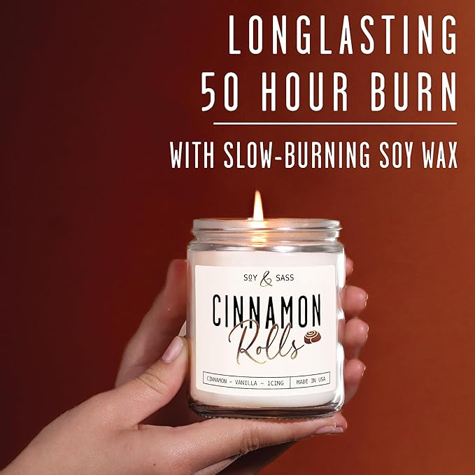 Cinnamon Candle, Fall Candles, Christmas Candles - 'Cinnamon Rolls' Autumn Scented Soy Candle for Home, 9oz Reusable Jar, 50Hr Burn, Made in USA