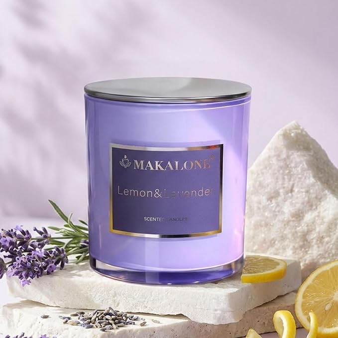 MAKALONE Lavender Lemon Scented Candles for Home - 9oz Soy Wax Candle in Purple Glass Jar, 60H Long Lasting Burn, Aromatherapy Candle for Stress Relief, Relaxation, Sleep, Bath & Yoga, Gifts for Women